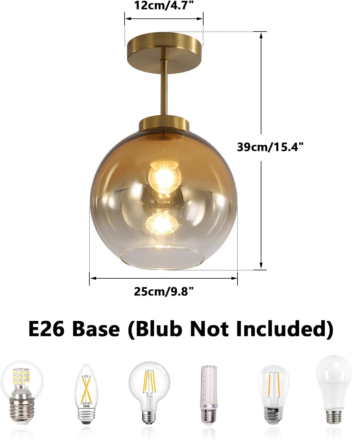 KCO Lighting Large Gold Globe Ceiling Light Fixtures Mid Century Glass Flush Mount Ceiling Light Modern Brass Semi Flush Mount Ceiling Lights Traditional Bathroom Ceiling Lighting