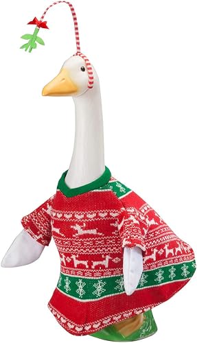Fox Valley Traders Gaggleville Red and Green Sweater Goose Outfit with Mistletoe, Fits Large 23" H Statue