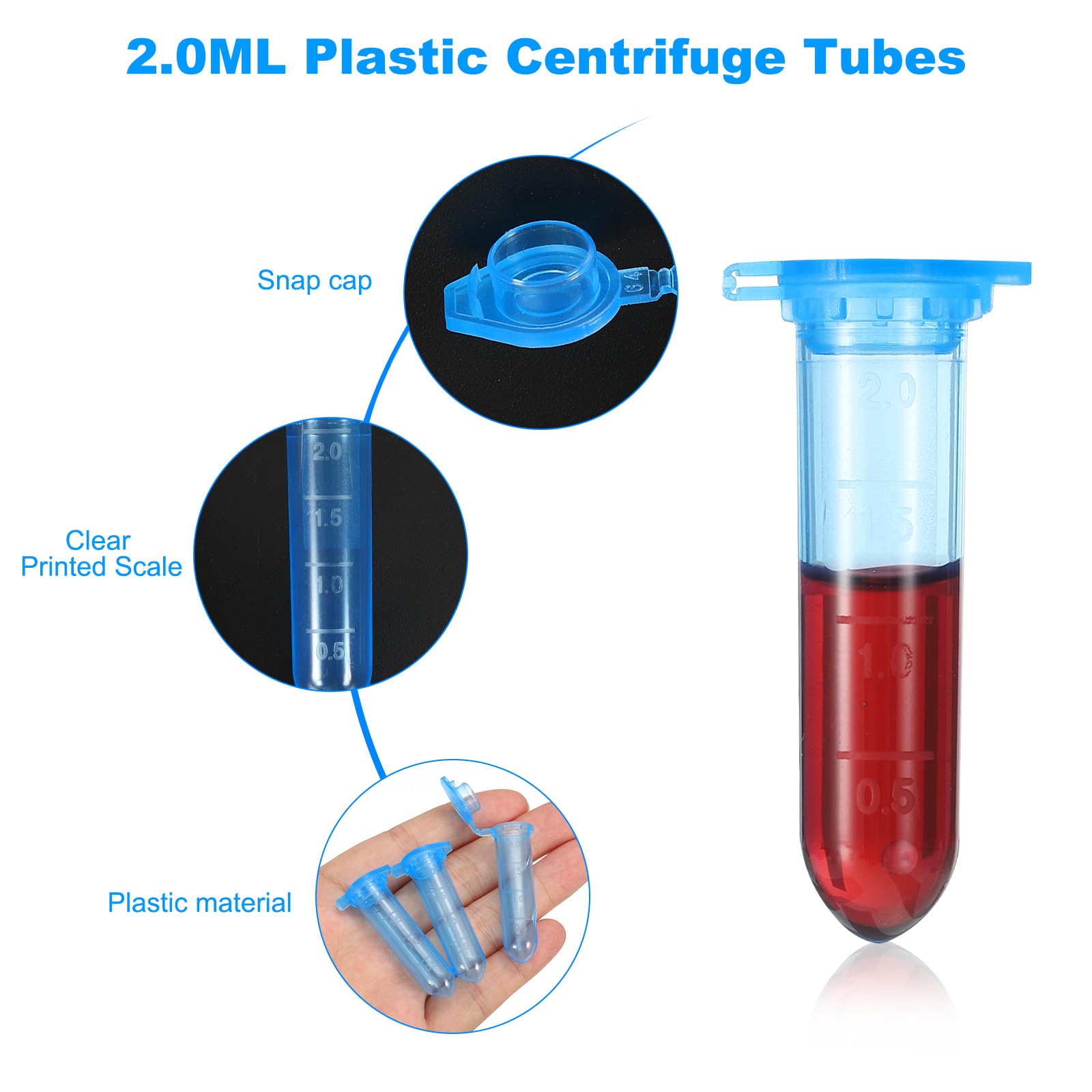 PATIKIL 2ML Tubos De Plástico Para Centrífuga, 500 Piezas Tubo Para Centrífuga De Fondo Redondo Con Tapa A Presión Y Marcas Graduadas Para Muestras De Laboratorio, Azul