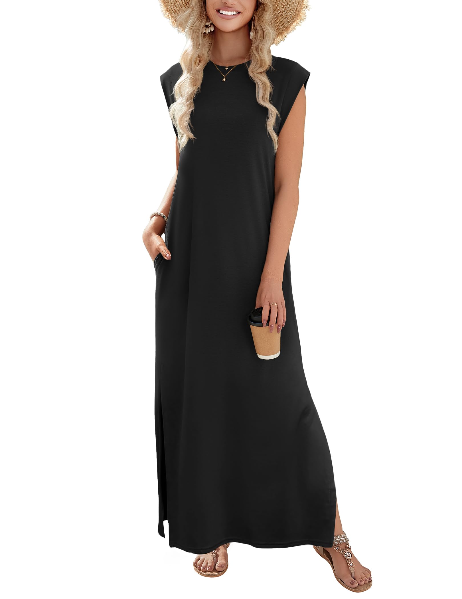 Zeagoo Summer Dresses for Women 2026 Black Long Maxi Sundresses Loose Split Wrinkle-Free Beach Travel Vacation Clothes