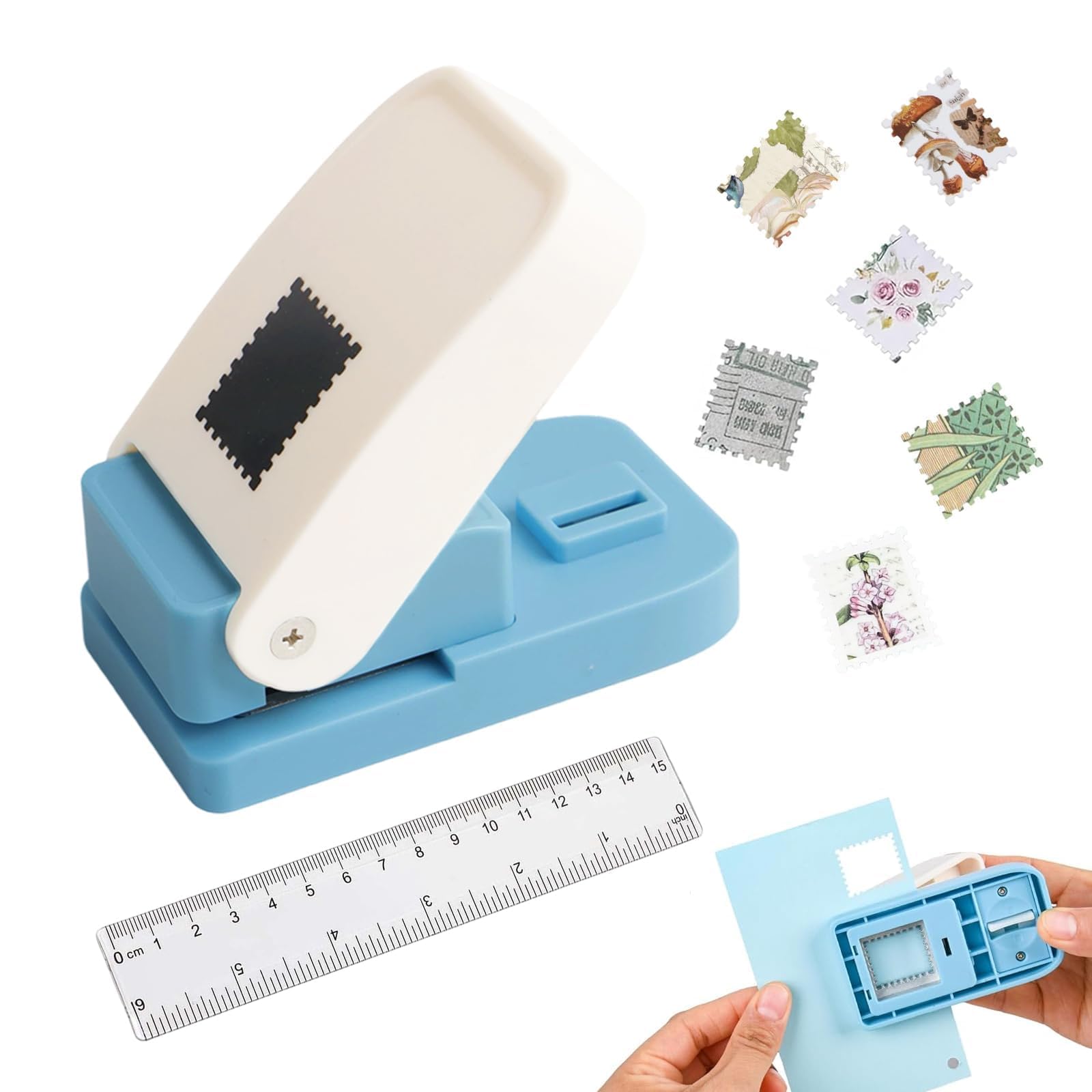 Wykrawacz do stempli pocztowych z linijką 15 cm, kwadratowy, 2 x 2,5 cm, precyzyjny pomiar do scrapbookingu, kartek i majsterkowania