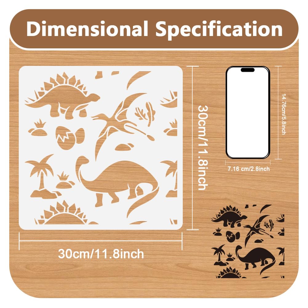 DOODLREAM Dinosaurs Allover Stencil for Painting 30 x 30cm Reusable Plastic Dinosaurs Stencils for Painting on Wall Wood Furniture Fabric Canvas - Image 2