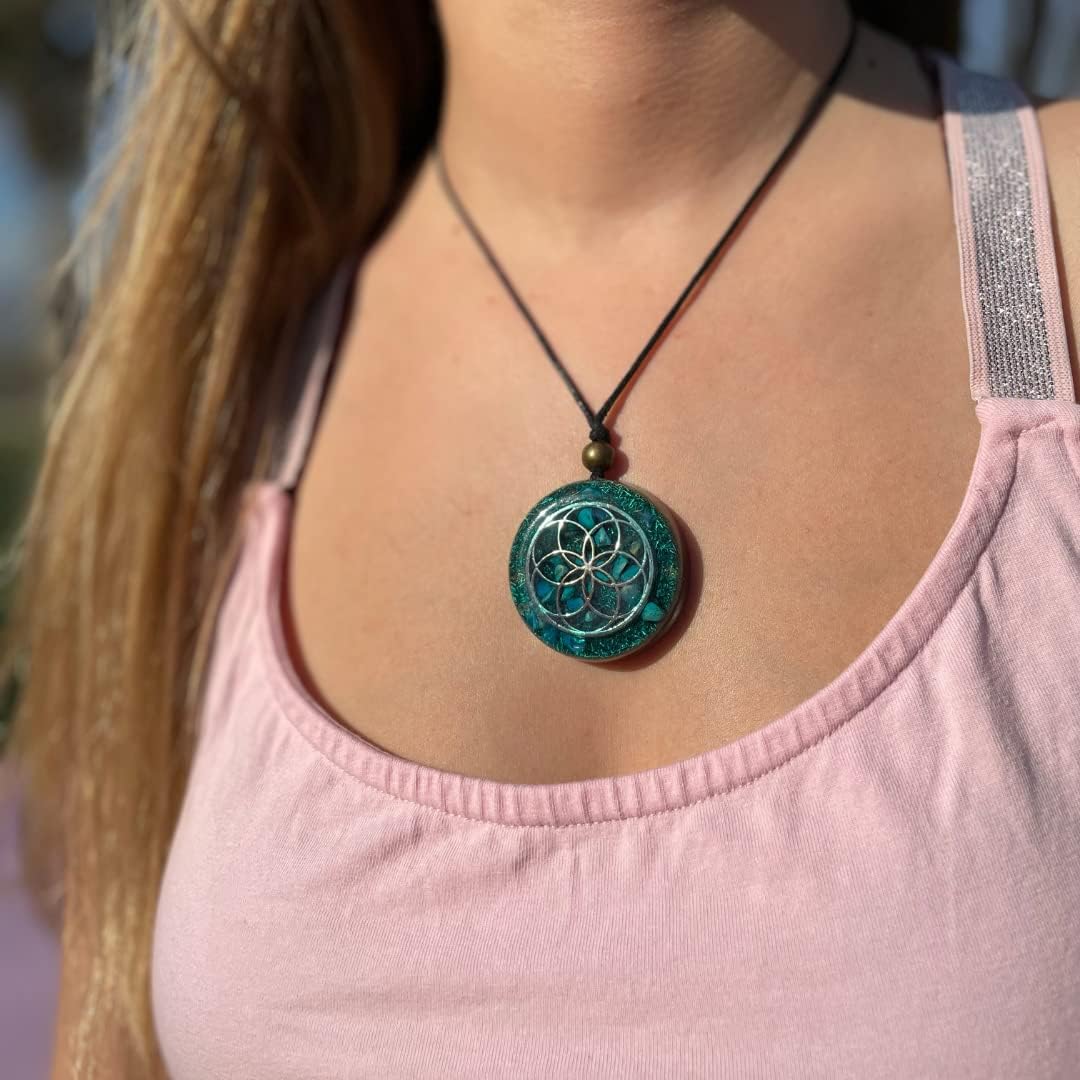 Orgone Necklace by Seed of Life - Healing Crystals Stones - Protection - SBB Coil-Orgonite Pendant Gems Turquoise, Moonstone, Rose Quartz, Meditation, Yoga, Reiki, Women Handmade, Arte Orgones Design - Image 8