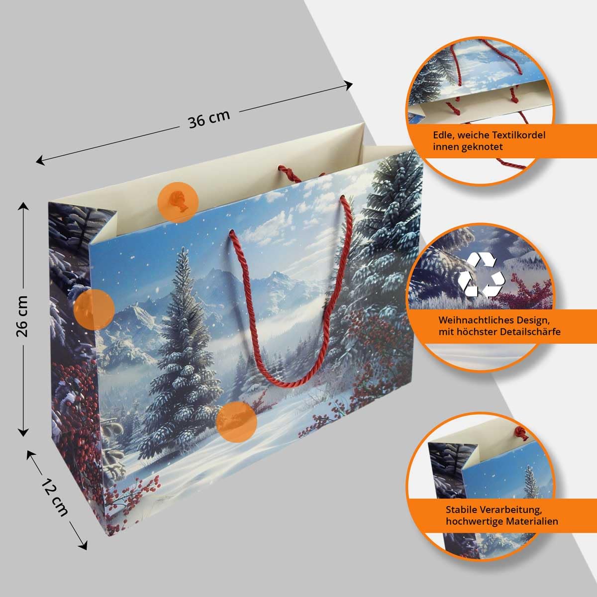 Papiertaschen Weihnachten - 25 Stück, Winterlandschaft 32+12x26 cm, hochwertige Weihnachtstüten für Geschenke mit edler Textilkordel rot | HUTNER