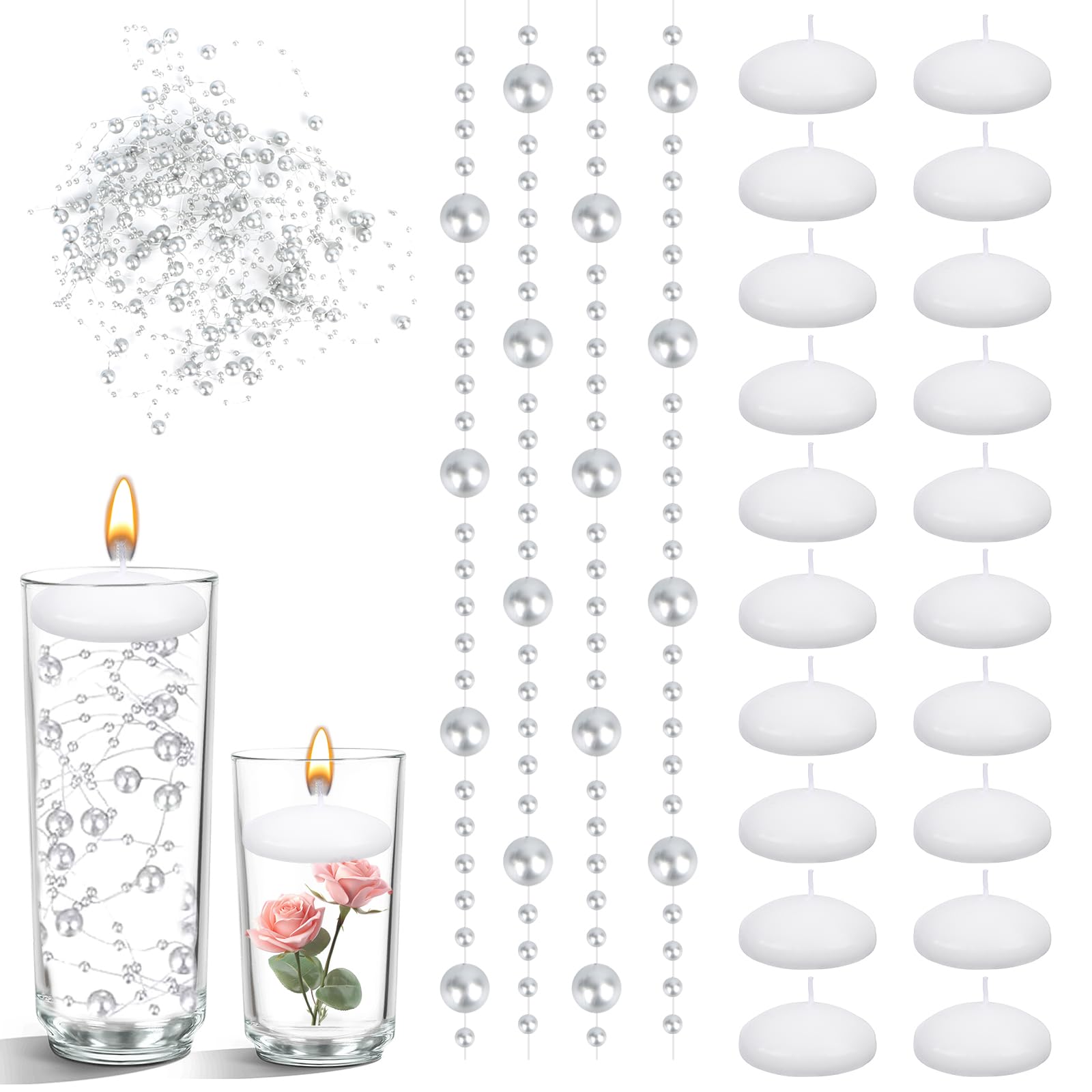 20 candele galleggianti, colore bianco, 38 x 20 mm, grandi candele galleggianti, impermeabili, con 6 fili di perle e 25 g, per vasi cilindrici, matrimoni, feste, decorazioni per la casa e la