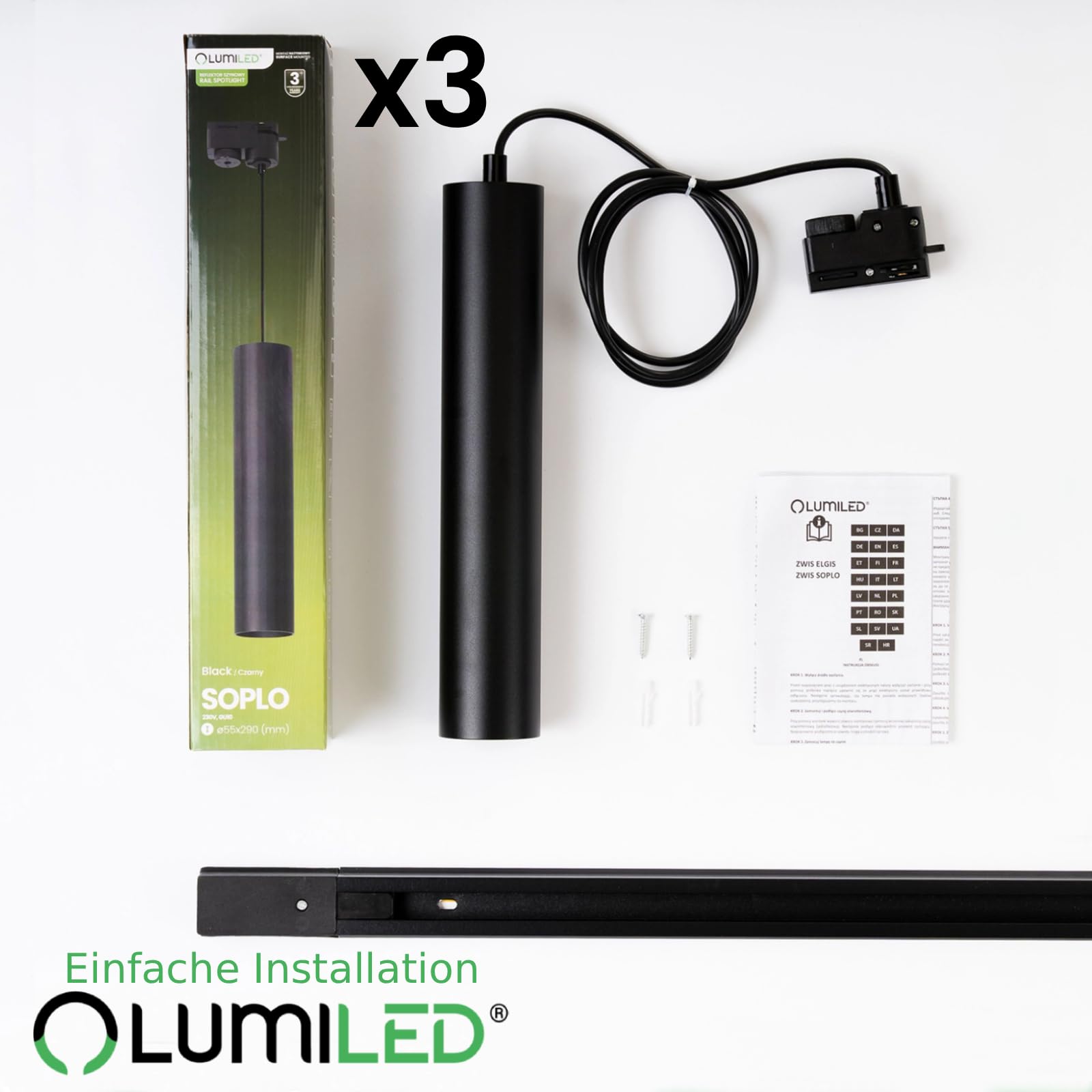 Lumiled Schienensystem Set 1 m Schwarz 3× GU10 Pendelleuchten Hängelampen Strahler Lichtschienensystem Komplettset Deckenleuchte Stromschiene erweiterbar Aluminium