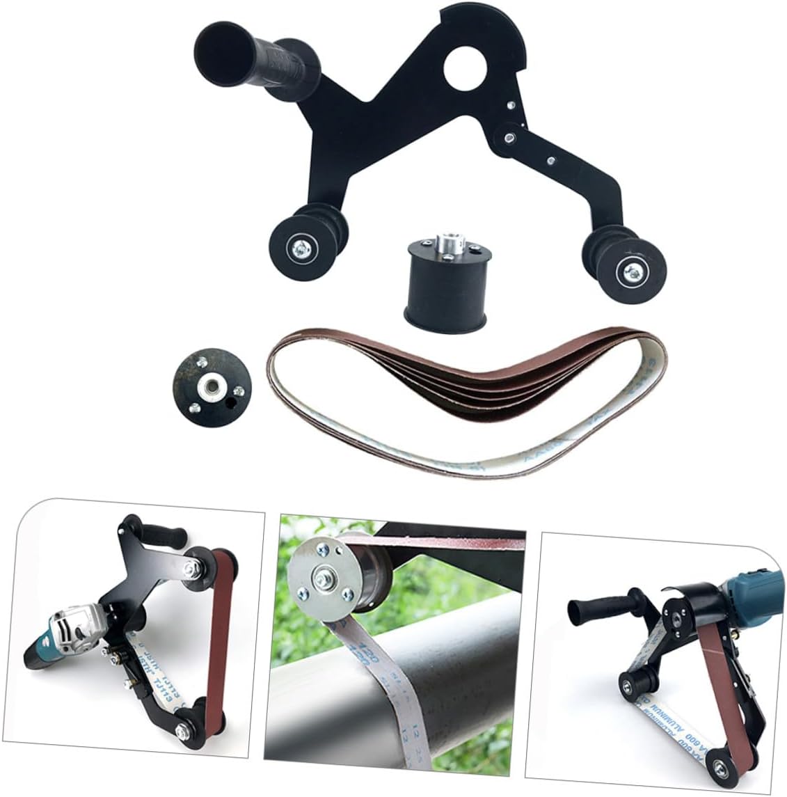 Portable Belt Sander Attachment for Tube Polishing Handheld Polisher with Easy-Replace Abrasive Belt High-strength Spring and Protective Cover for Safe Uniform Grinding