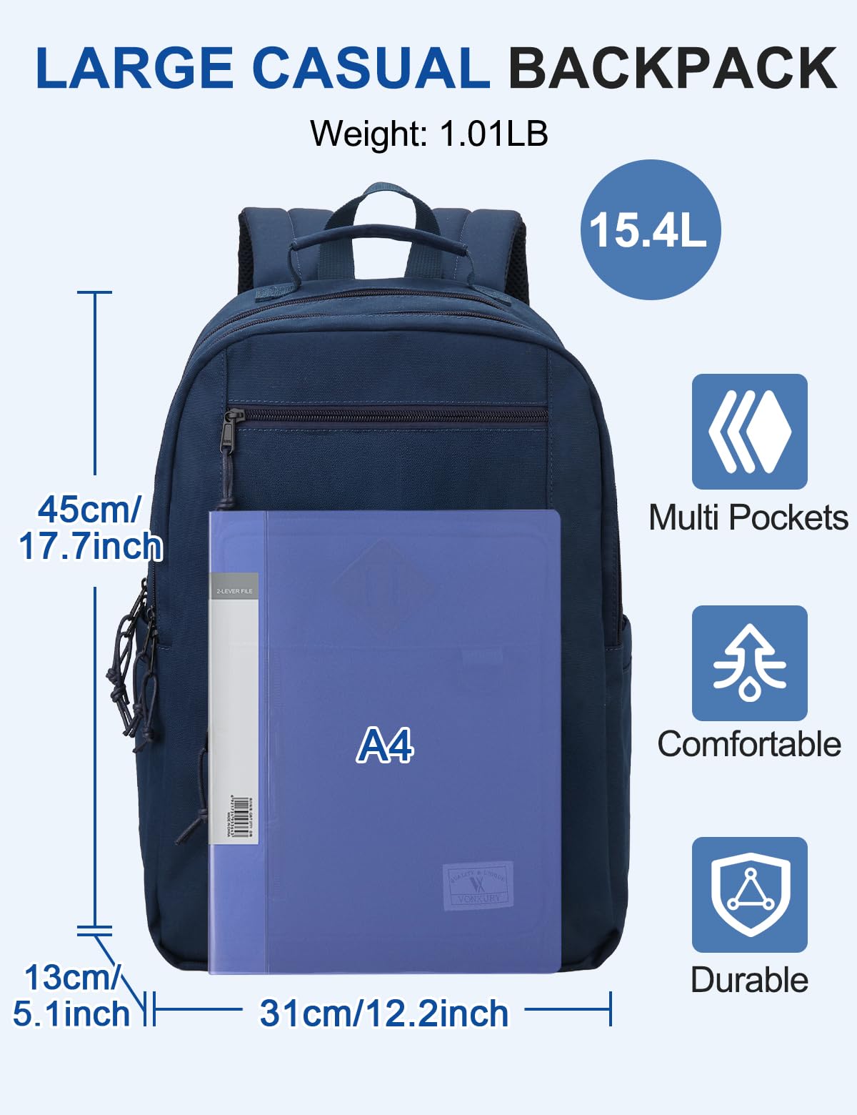 VX VONXURY Zaino Scolastico, Grande Daypack Casual Resistente All'acqua Con Doppi Confronti Zaini Da Viaggio Leggeri