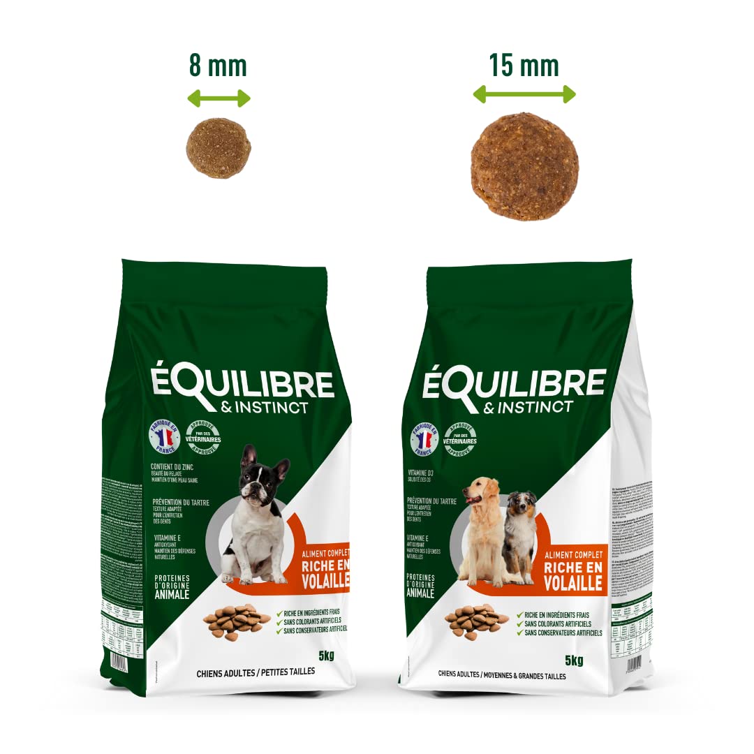 EQUILIBRE & INSTINCT - Chien Adulte - Petite Taille - Croquettes à la Volaille - Solidité des Os - Recette Complète Formulée avec des Vétérinaires - 5kg - Fabriqué en France
