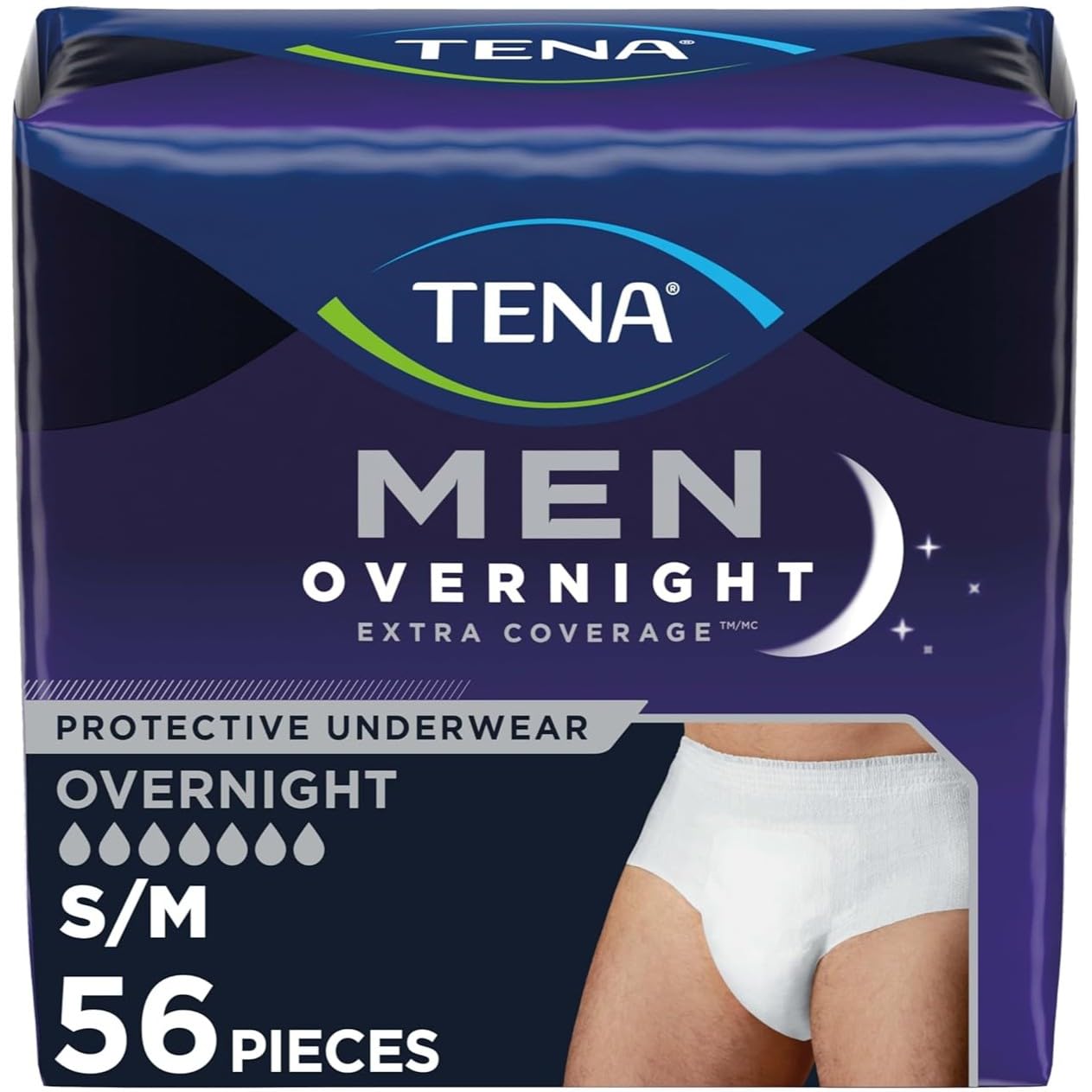 Men Overnight Extra Coverage Incontinence Underwear, Masculine and Discreet, S/M, 56 Count (Waist Size 34in-50in)