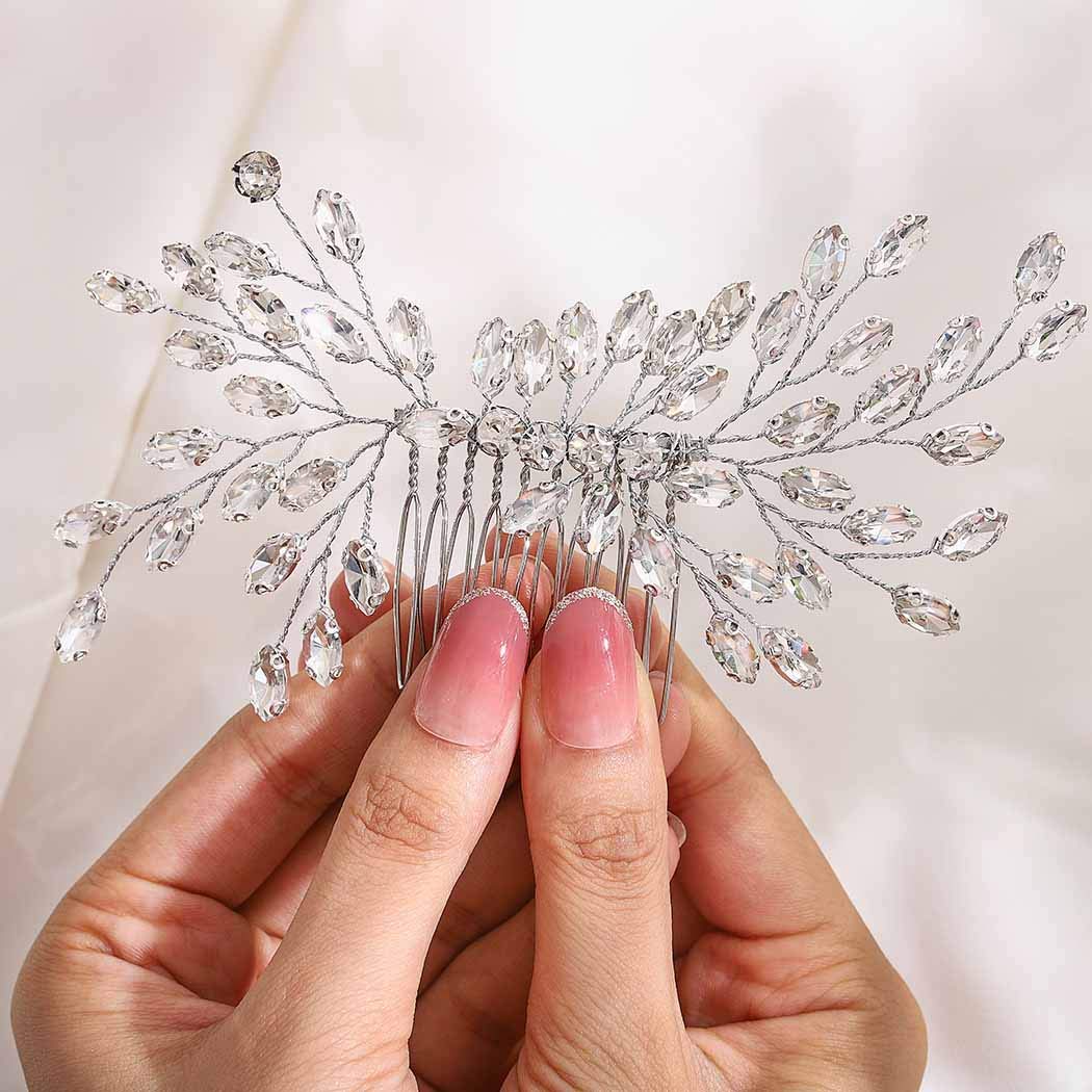 IYOU Haarkam voor bruid, bruiloft, zilver, strass, zijkam, kristallen hoofddeksels voor bruid, haaraccessoires voor vrouwen en meisjes (zilver