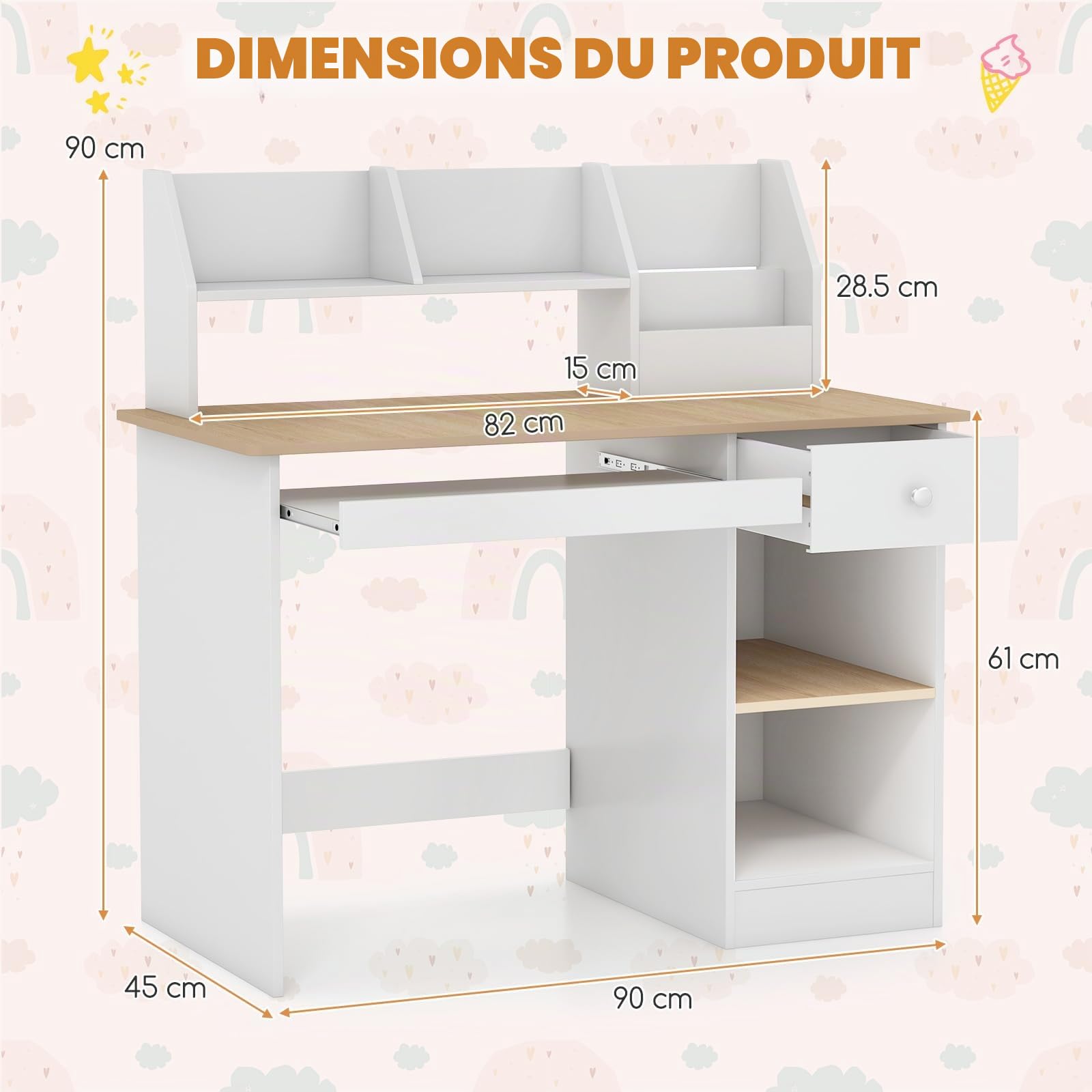 GOPLUS Table Enfant, Bureau Enfant en Bois avec Tiroir, 2 Étagères, Plateau à Clavier, 3 en 1 Bureau pour Fille Garcon avec Dispositif Anti-basculement, Naturel, 90X45X90CM