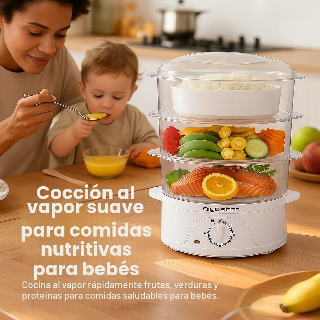 Aigostar Fitfoodie 30CFO - Vaporera Eléctrica 9L Capacidad, 800 W, Libre de BPA, Temporizador hasta 60 Minutos. 3 Recipientes Apilables, Cuenco para Preparar arroz. Diseño Exclusivo