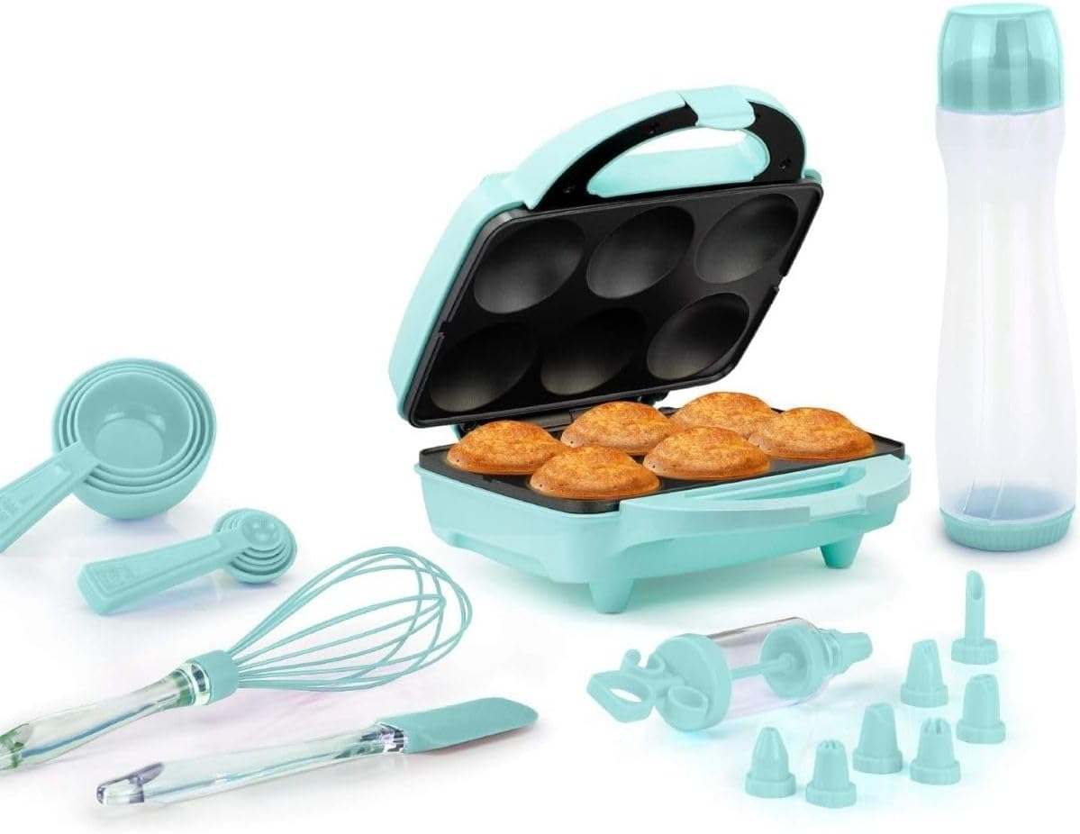 Holstein Housewares Non-Stick Cupcake Maker, 6-Count Kit for Birthdays, Holidays, or Special Occasions, 13 Accessories, Mint/Stainless Steel