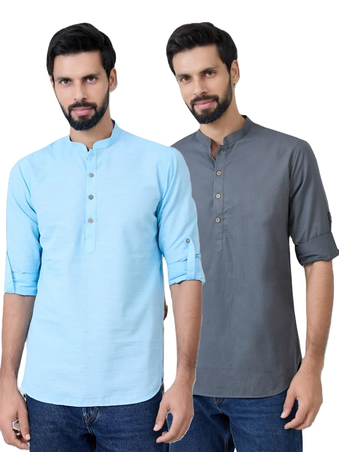 (Pack of 2) See Designs Men's Roll-Up Sleeve Mandarin Collar