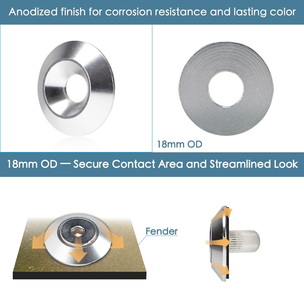 Kit di rondelle coniche in alluminio anodizzato, 48 pezzi, M6 x 18 mm, per widebody, parafanghi, parafanghi, vano motore (argento)