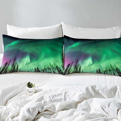 Miniatura 4 de Juego de ropa de cama Aurora, juego de edredón verde con luces del norte, edredón de cielo estrellado y galaxia para niños y niñas, edredón de