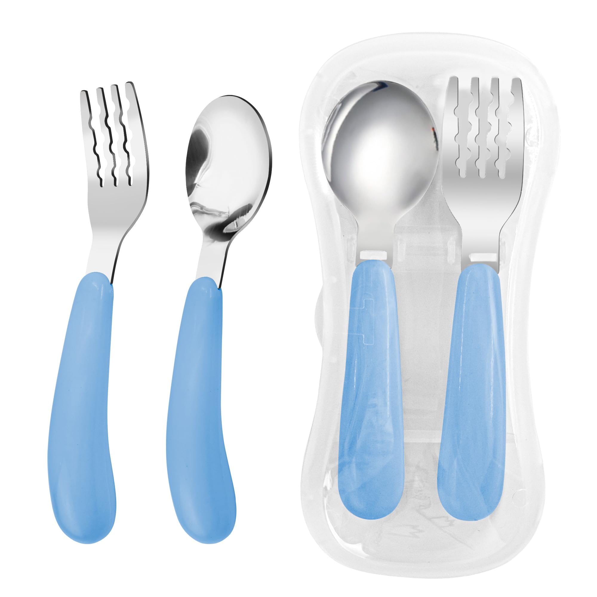 VANRA 2er Set Kleinkind Gabel und Löffel mit Reiseetui, 18/8 Edelstahl, Blau, Kinderbesteck für Schule, Lunchbox, Camping, Picknick
