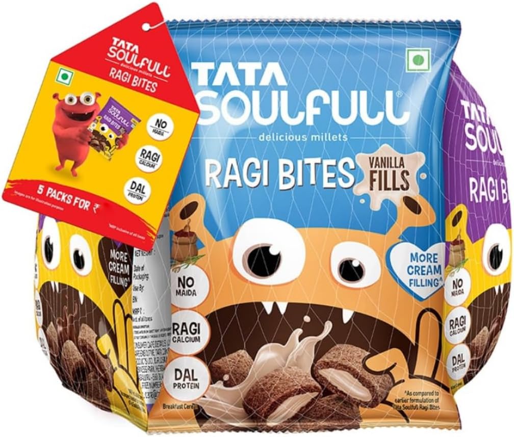 Tata Soulfull Ragi Bites Combo Pack, 140g (28g x5), Choco Fills, Vanilla Fills & Strawberry Fills, No Maida, Ragi Calcium, Dal Protein, Delicious Millets, Breakfast Cereal