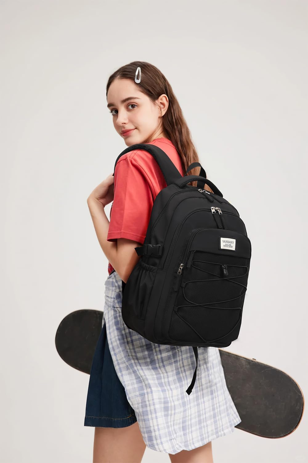 Black Backpack for Teens, Girls School Bookbag Aesthetic 15.6in Laptop Backpack for Commuter Women Students Middle High School, Black