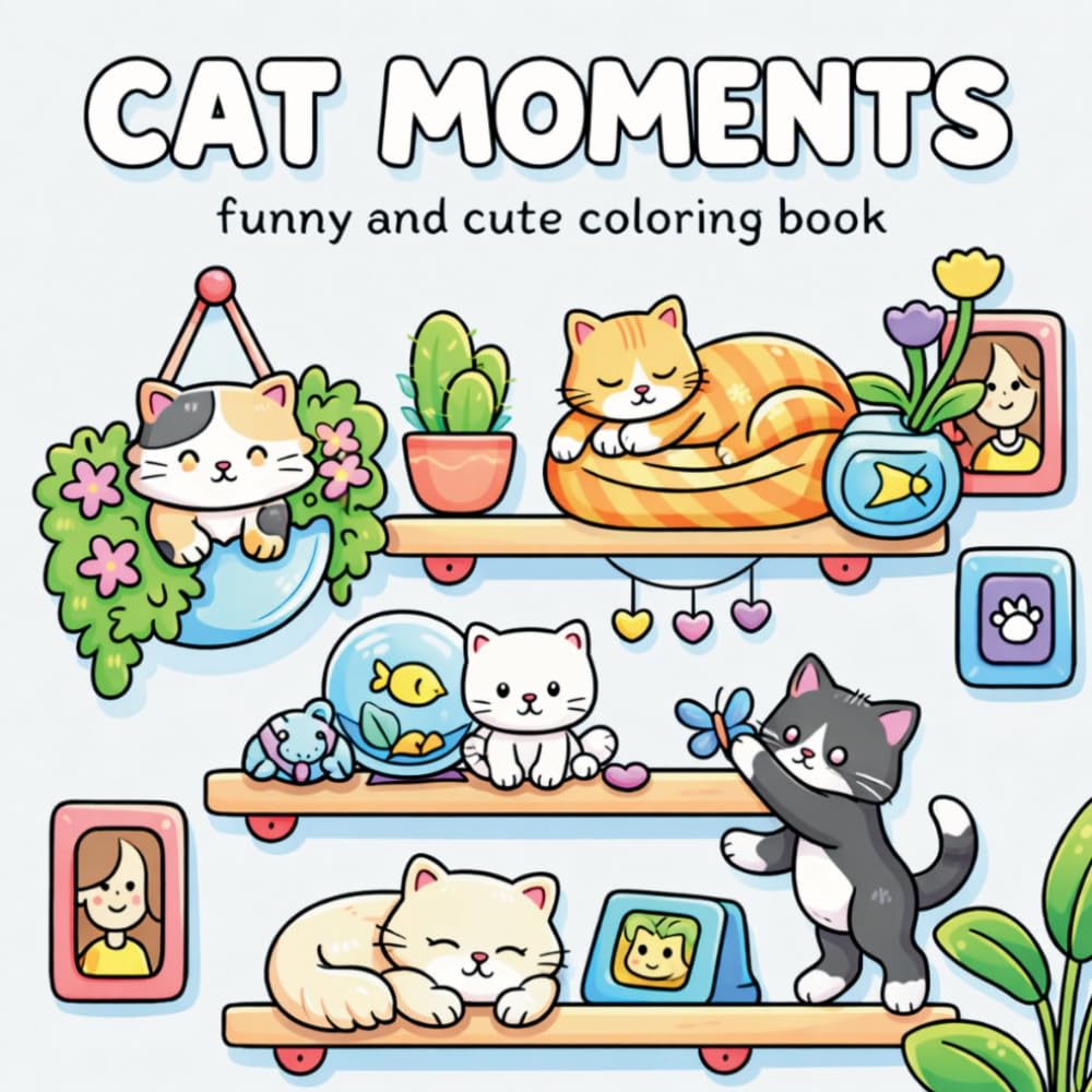 Cat Moments: Funny and Cute Cat Coloring Book for Adults and Teen: 39 Adorable Kawaii Cat Scenes with Bold Lines for Markers, Colored Pencils & Gel Pens
