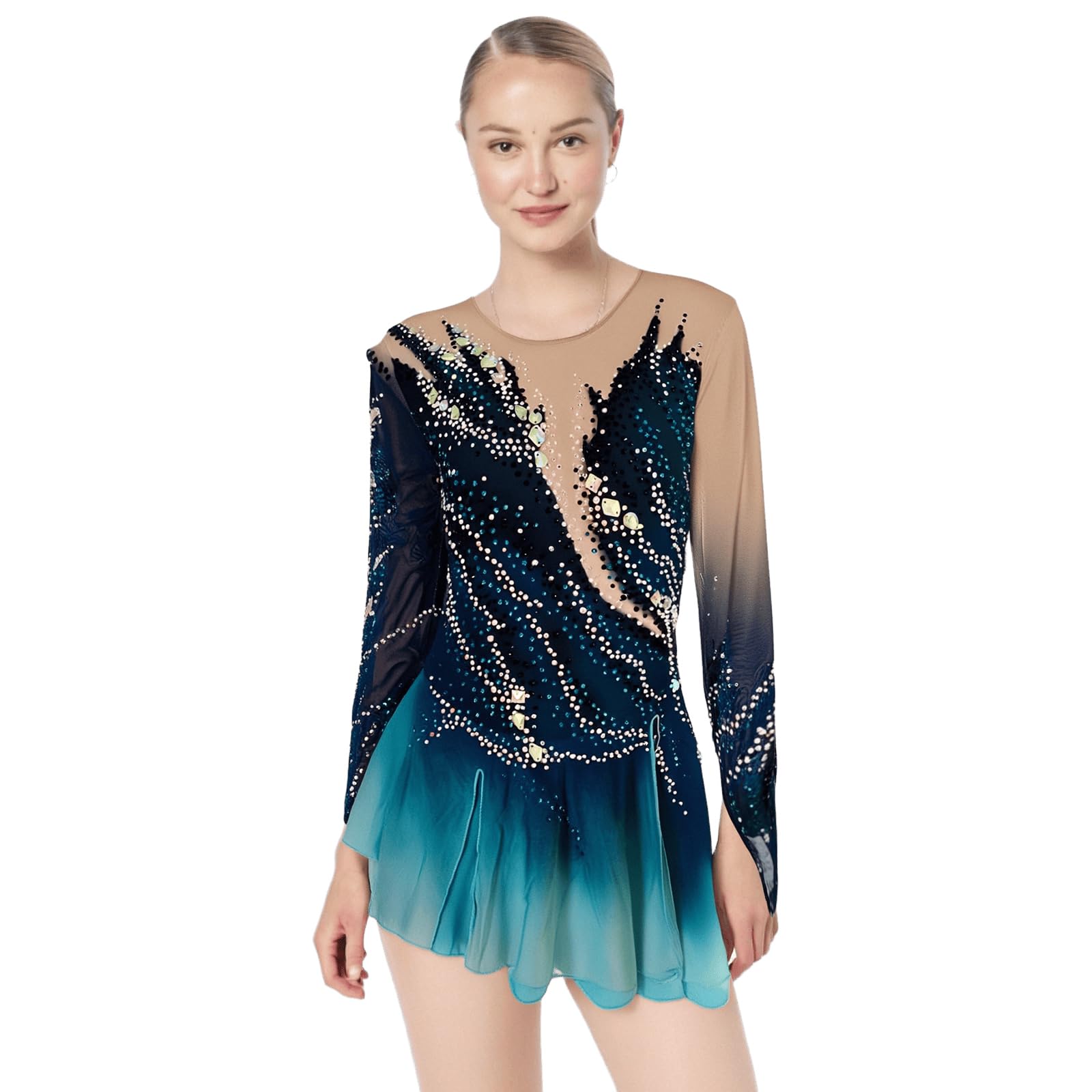 LIUHUO Figure Skating Skirts Children's and Adult's Performance Clothes Gradually Changing Finger Sleeves Blue