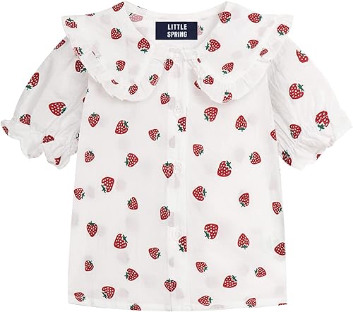 LittleSpring Blusa Peter Pan de manga corta para niñas con puños elásticos