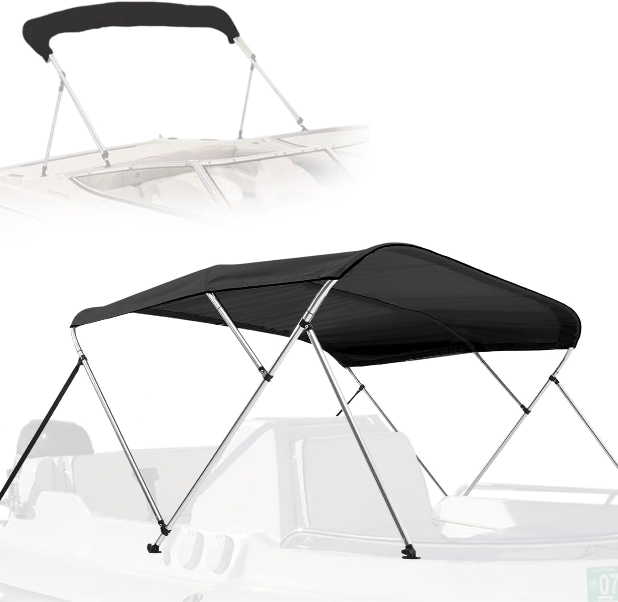 SereneLife 3 Bow Bimini Top Waterproof Cover for Boat, Includes 2 Straps, 2 Rear Support Poles, 6'L x 46" H x 73"-78" W, with Marine-Grade 600D Polyester Canvas, Storage Boot, for All Weather (Gray)