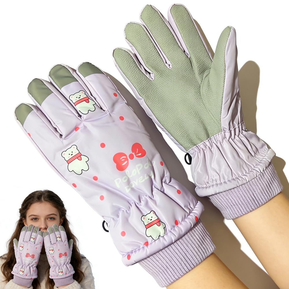 Hajxxmm Girls Pink Kids Ski Gloves, Bear Winter Warm Windproof Snow Mittens Cold Weather Gloves Sledding Snowboard Skating Cycling Running And Outdoor Activities, For 6~14 Years Old