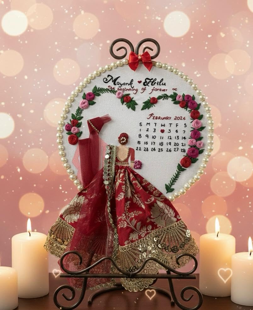 Custom Wedding Date Highlight Frame, Handmade Bridal Lehenga Hoop Art, Personalized Calendar Embroidery with Pearl Border-image-31