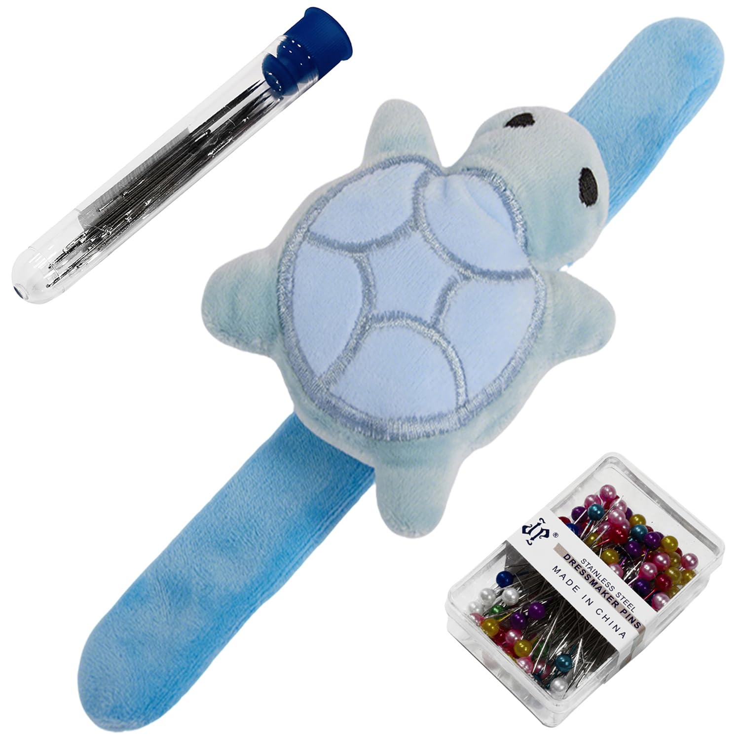 Creawonder Women's Turtle Blue Turtle-Shaped Wrist Pin Cushion For Sewing, Snap Bracelet Wrist Bands Pincushion Organizer For Pins And Needles Include 80 Pearl Ballhead Pins And 18 Sewing Needles, Blue