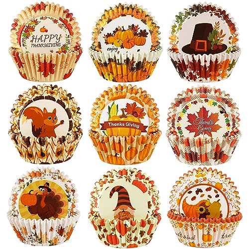 SANNIX 450pcs Thanksgiving Cupcake Liners, Turkey Maple Leaf Gnome 9 Design