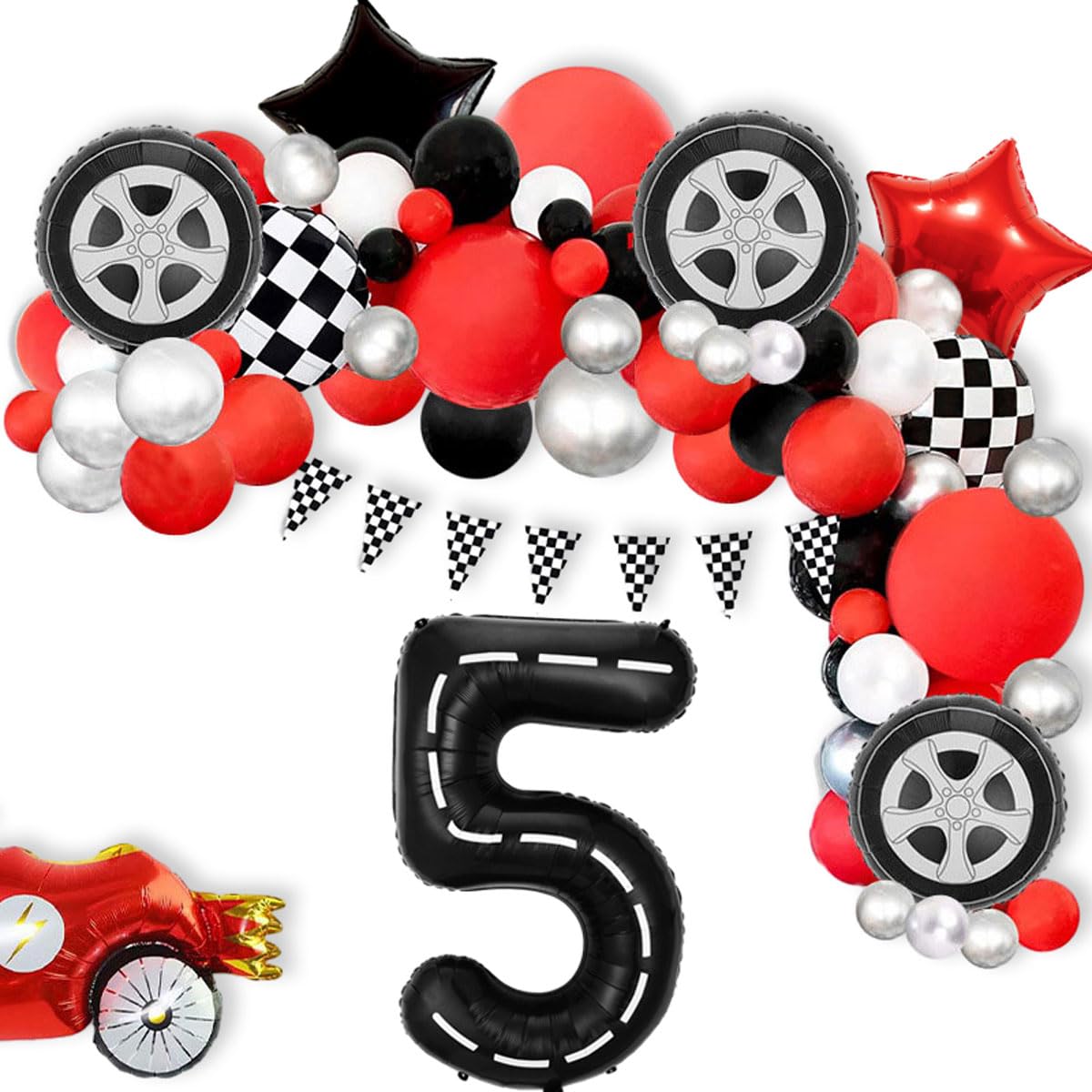Race Car Theme Balloon Set - 40" Number 5, Foil Stars, Tires, 7 Pc Party Decor