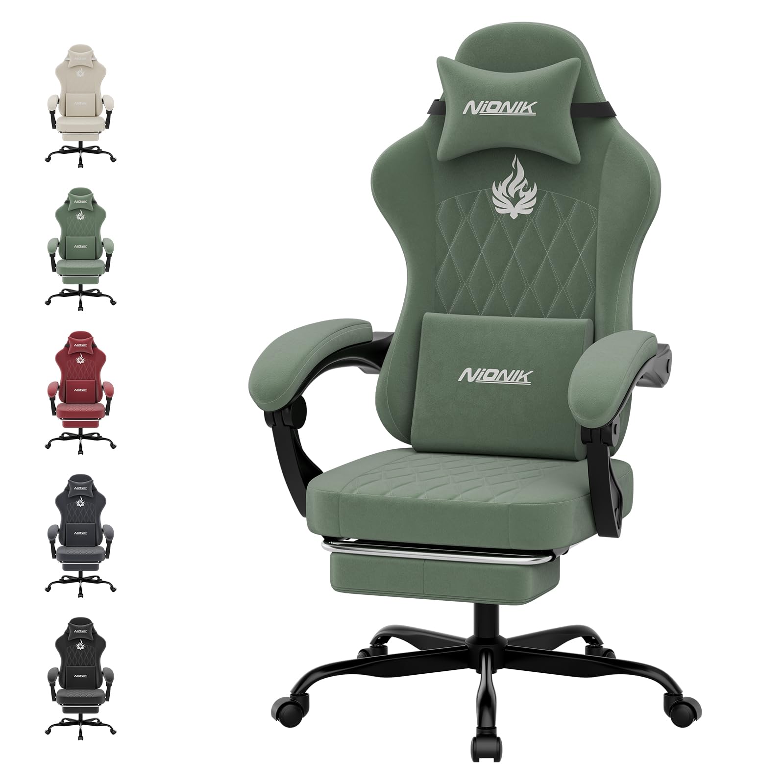 Ergonomic Gaming Chair Video Gamer Chairs Gaming Computer Chairs Gamer Chairs for Adults Massage Lumbar Support Swivel Height Adjustable Headrest Backrest Green