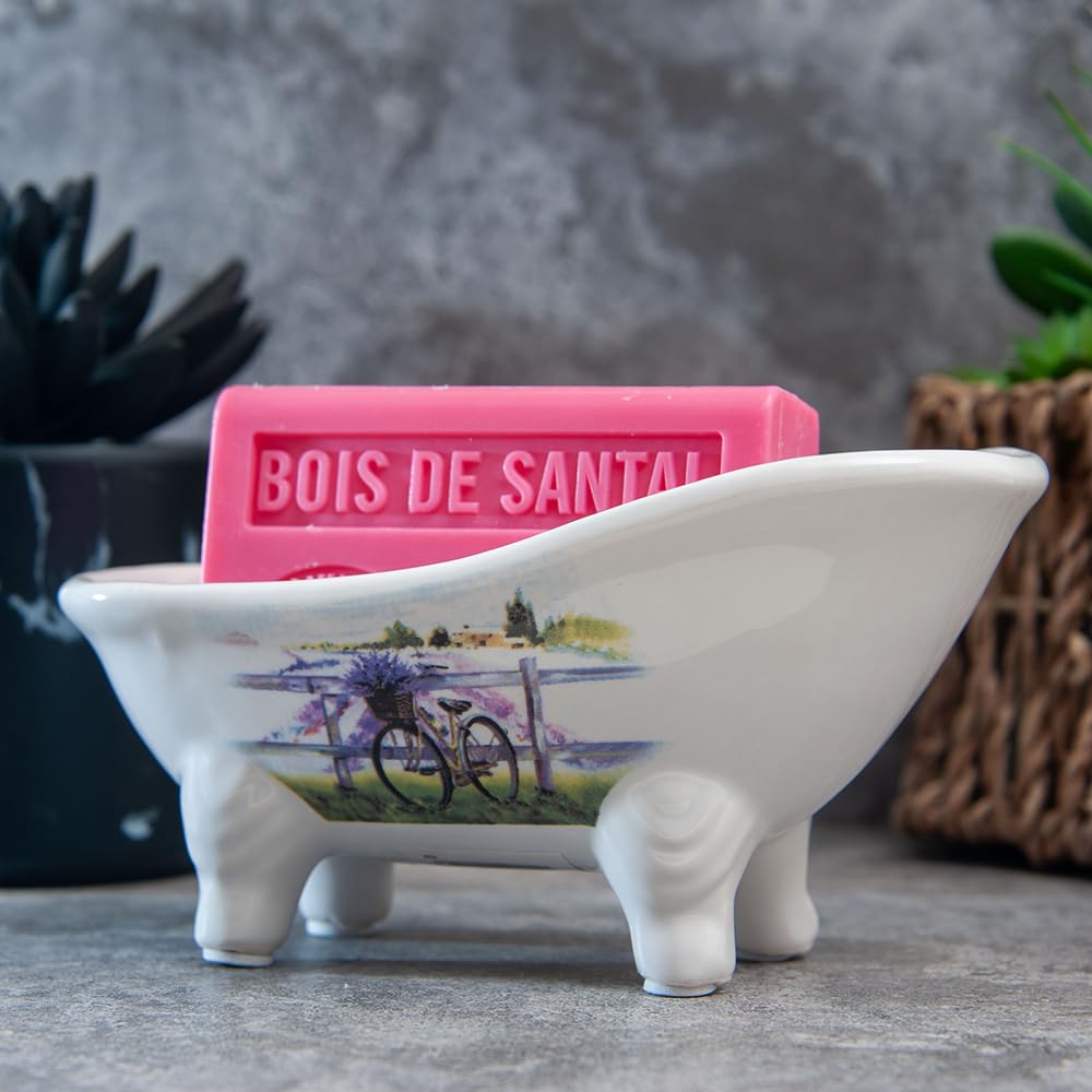 Label Provence Nature Savon de Marseille Soap Dish - French Vintage Style Ceramic Clawfoot Bathtub - Self Draining - Perfect for Bathroom Kitchen or Home Decor - Bicycle & Lavender -14.5 x 7 x 6.5cm