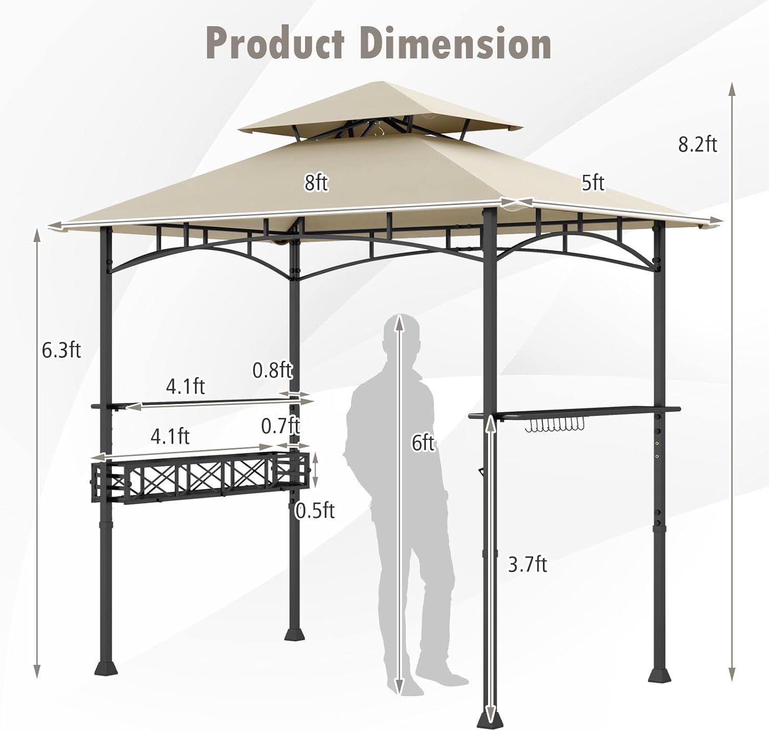 Tangkula 8x5 Ft Grill Gazebo, 2-Tier Barbecue Gazebo with 2 Shelves, 20 Hanging Hooks, Bottle Opener & Storage Basket, Outdoor Grill Canopy for Backyard Garden Poolside (Beige)