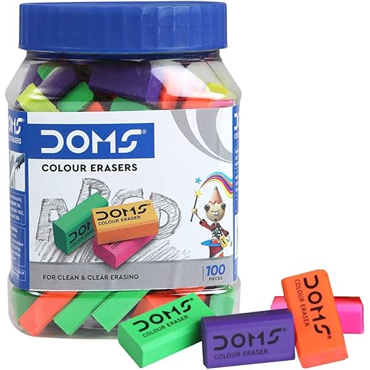 DOMS Non-Toxic Coloured Erasers Jar Pack 100