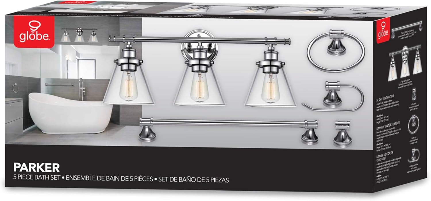 Globe Electric 51234 5-Piece All-in-One Bathroom Set, Chrome, 23" 3-Light Vanity Wall Light with Clear Glass Shades, Towel Bar and Ring, Robe Hook, Toilet Paper Holder, Beauty Room Accessories