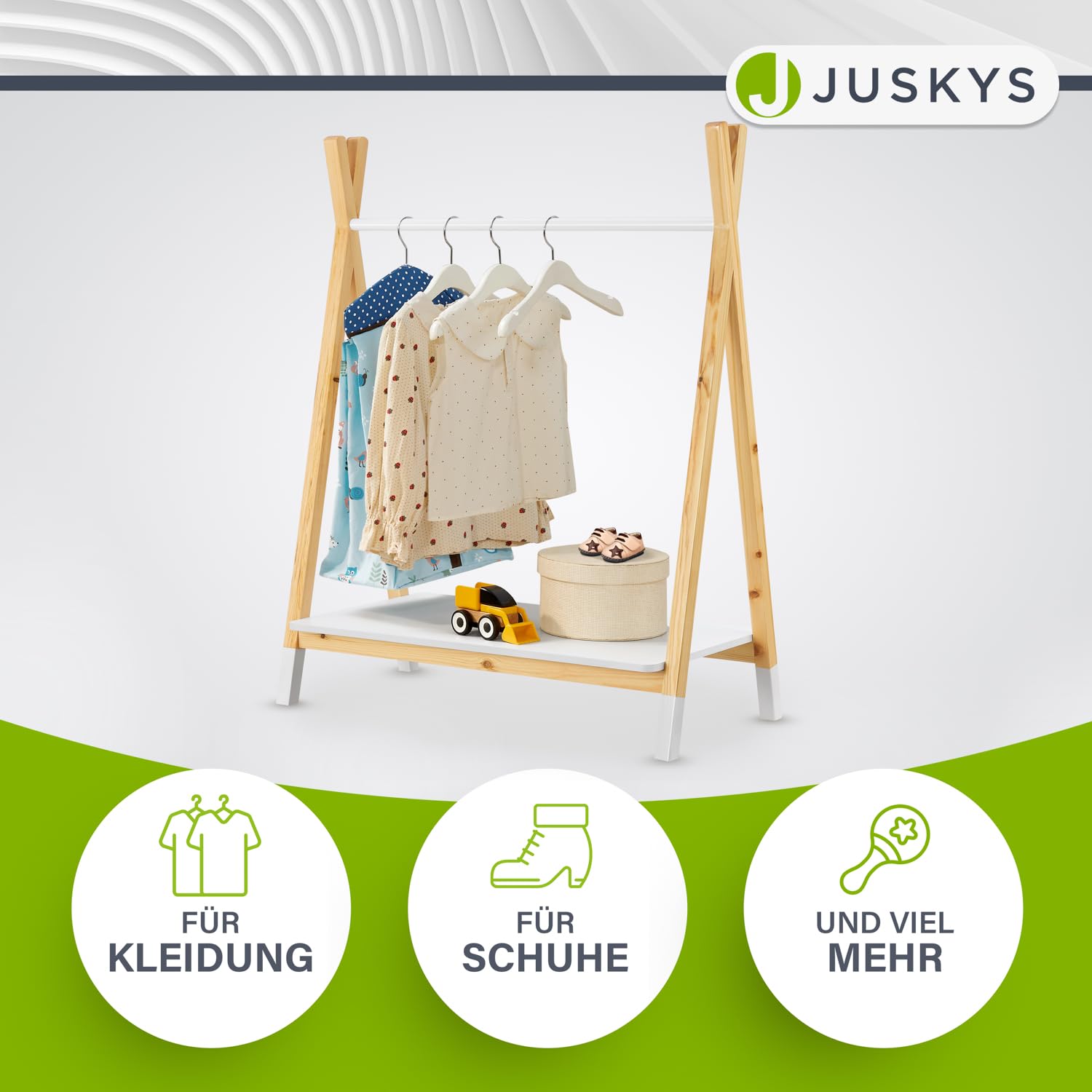 Juskys Kinder Kleiderständer Heidy mit Ablage & Kleiderstange - Holz Kindergarderobe modern, offen & freistehend - Kinderzimmer Garderobe Weiß