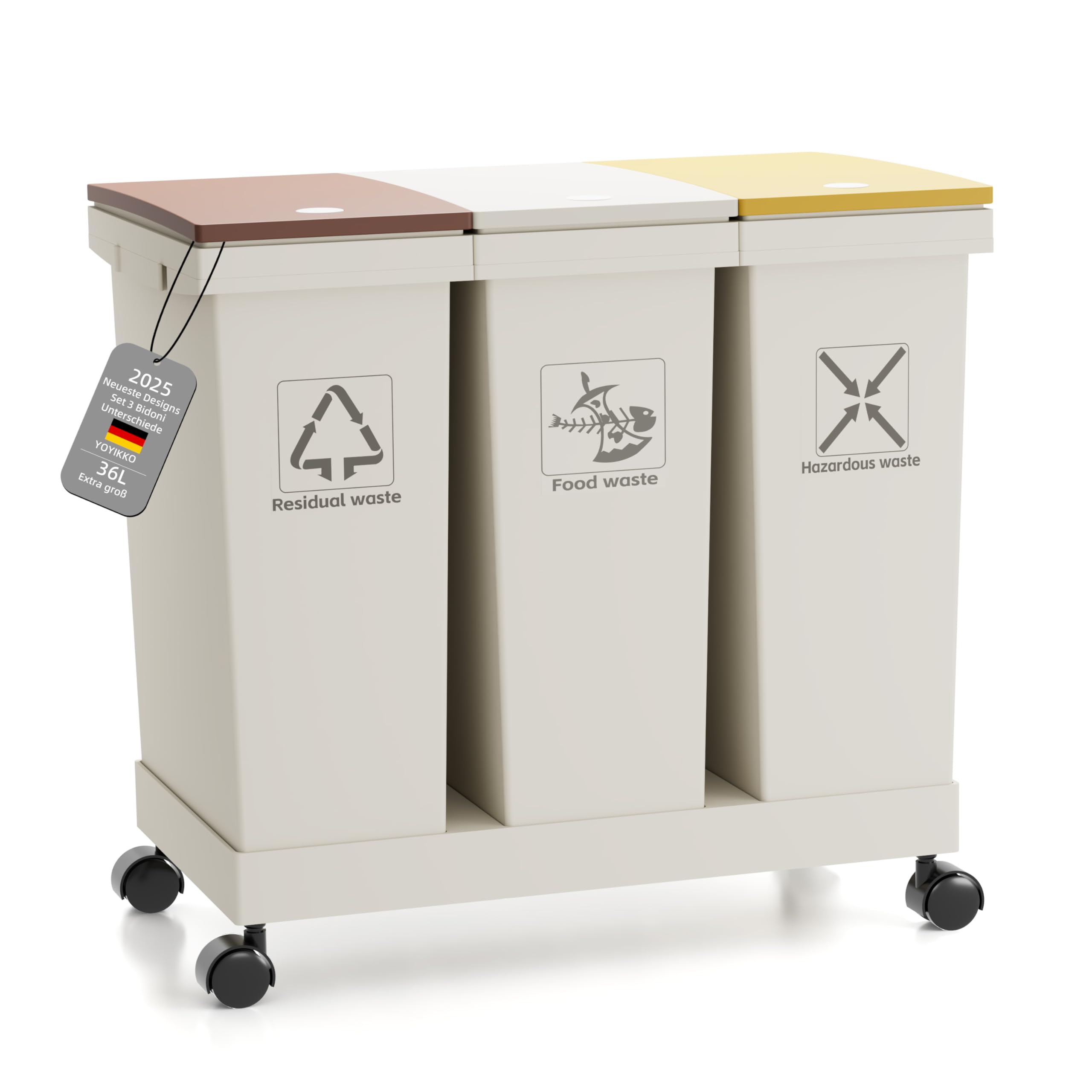 3-er Mülleimer-Set Küche Mülltrennsystem 3x Mülleimer mit Deckel, 3 X 12L, herausnehmbare Recycling-Mülleimer mit Rollen, Mülltrennsystem für Papier, Kunststoff, Glas, Küchenmülleimer (36L-100)