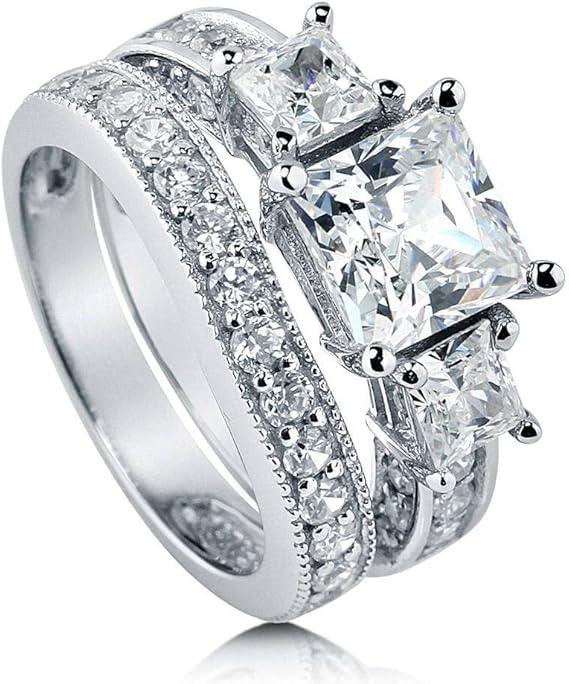BERRICLE Sterling Silver 3-Stone Wedding Engagement Rings Princess Cut Cubic Zirconia CZ Anniversary Ring Set for Women, Rhodium Plated Size 4-10