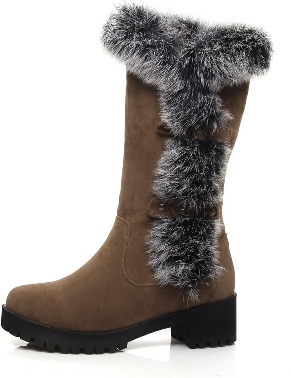Women' Mid-Calf Thick-Soled Invisible Wedge Boots, Slip-On Thick Rabbit Fur Collar, Warm Waterproof Stretch Leather, Anti-Slip Snow Boots Suitable For Snow, Winter, Dating
