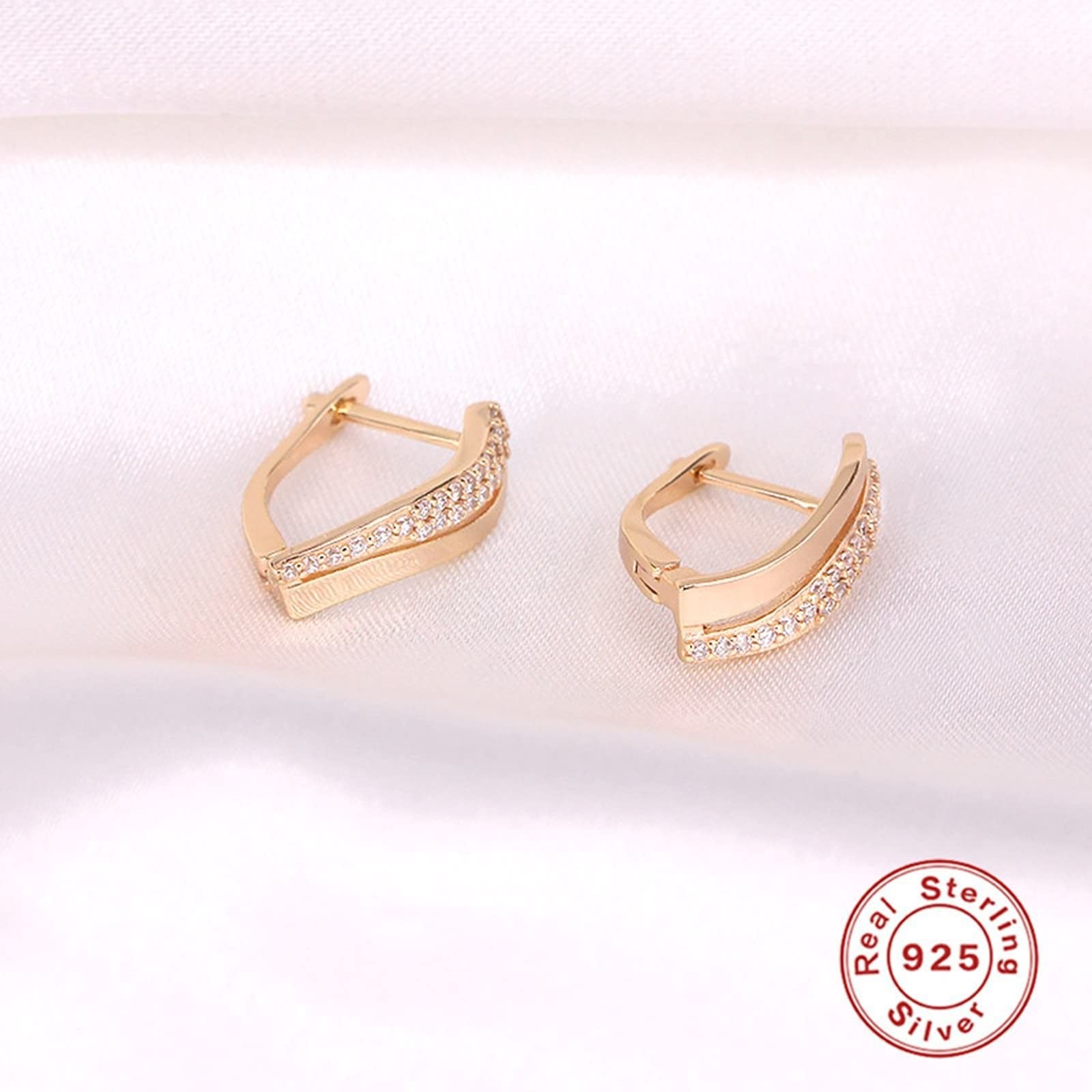 Orecchini a bottone a doppia da donna in argento 925 con zirconi bianchi, orecchini a cerchio in argento sterling tono oro champagne, gioielli ipoallergenici e altamente lucidati