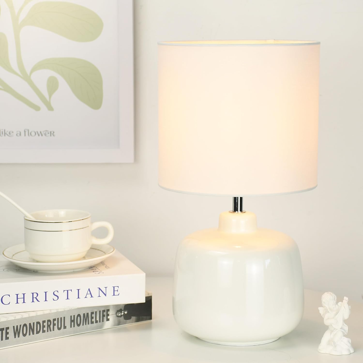 Lampwell Oslo Small Ceramic Table Lamp for Living Room and Bedroom,Modern Kids Night Table Lamp,Φ7.09×H13.39IN,Bulb Excluded,Off White