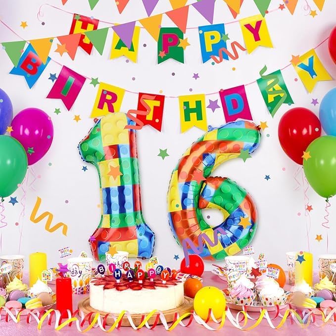 Miniatura 3 de Globo de números de bloque de construcción de 32 pulgadas, globos de aluminio de bloque de números coloridos para decoraciones de fiestas temáticas