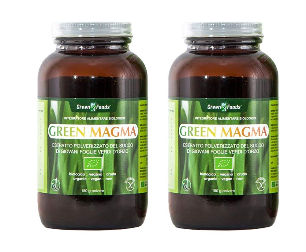 Confezione risparmio 2 x Green Magma® - 150 grammi Polvere - a Base di Succo di Giovani Foglie di Erba d’Orzo Estratte a Crudo Con Tecnologia Spray Dry, Certificato 100% Biologico e Crudo.