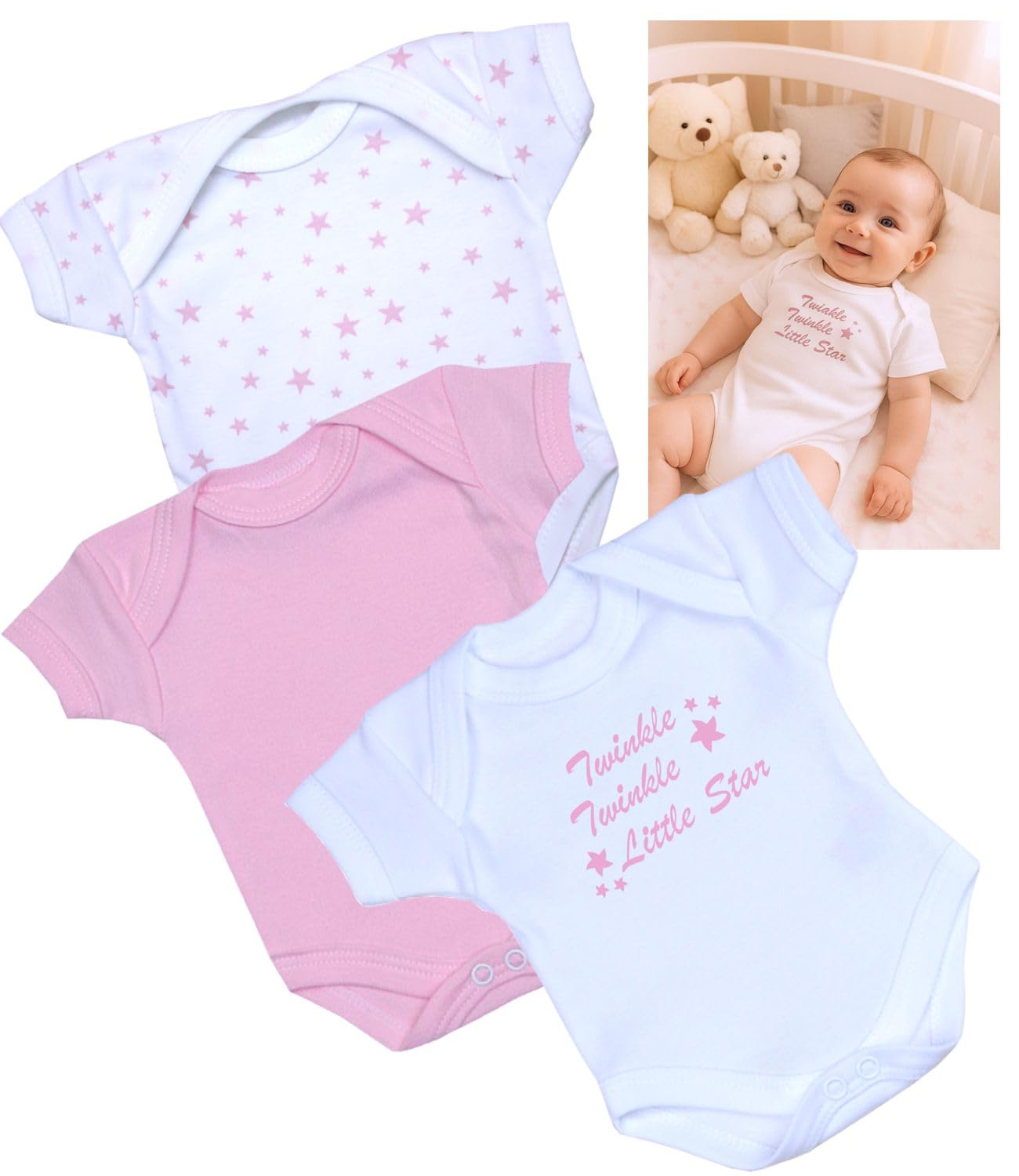 Babyprem Women's Pink Premature Baby Girl Clothes Pack Of 3 Twinkle Star Bodysuits Vests Babygrow (5.5-7.5Lbs)
