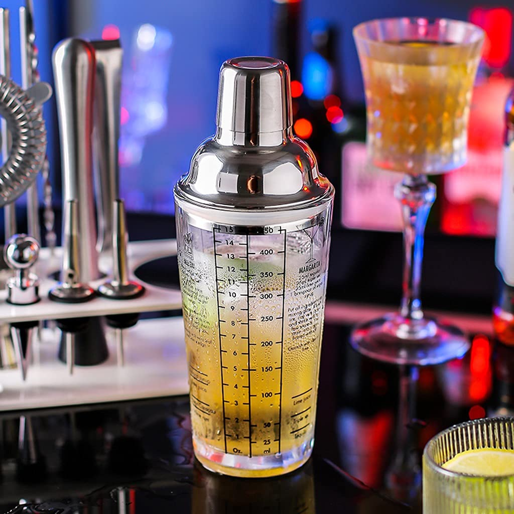 Juego de Coctelera Coctel de cóctel conjunto por-kit de bartending de acero inoxidable Shaker con colador de bebidas construidas,herramientas de barra profesional 15 piezas Agitador de Cócteles