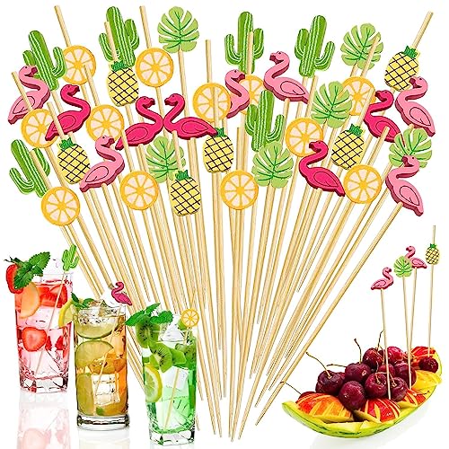 150 PCS Hawaiian Appetizer Picks Tropical Cocktail Toothpicks Party Decorations for Drinks Bamboo Charcuterie Skewers Flamingo Pineapple Palm Leaf Orange Cactus Sticks for Food Luau Hawaii Beach