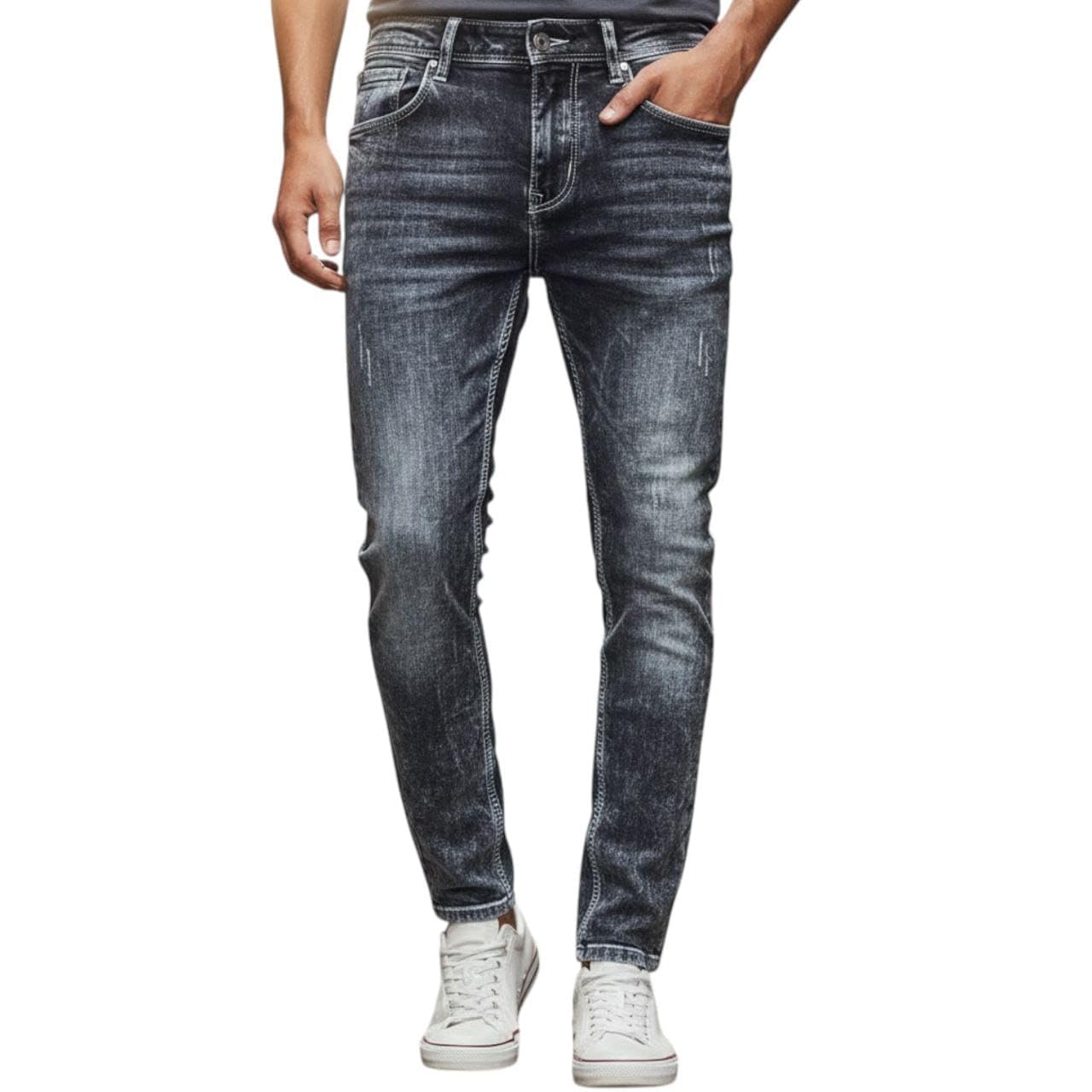 Men’s Distressed Slim Fit Jeans | Light Blue & Carbon Black Washed Denim Pants | Stretchable Casual Denim for Everyday Wear Waist Sizes 28, 30 & 32-image-1